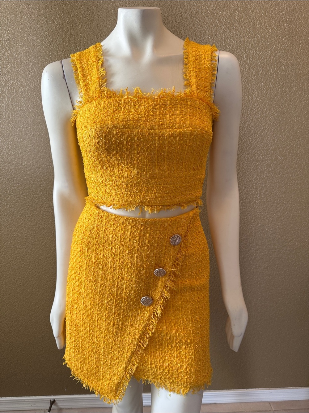 Sheike Yellow Tweed Fringed Mini Skirt